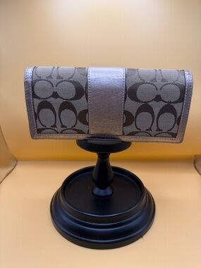 Coach Brown Signature Canvas Continental Wallet with Metallic Trim